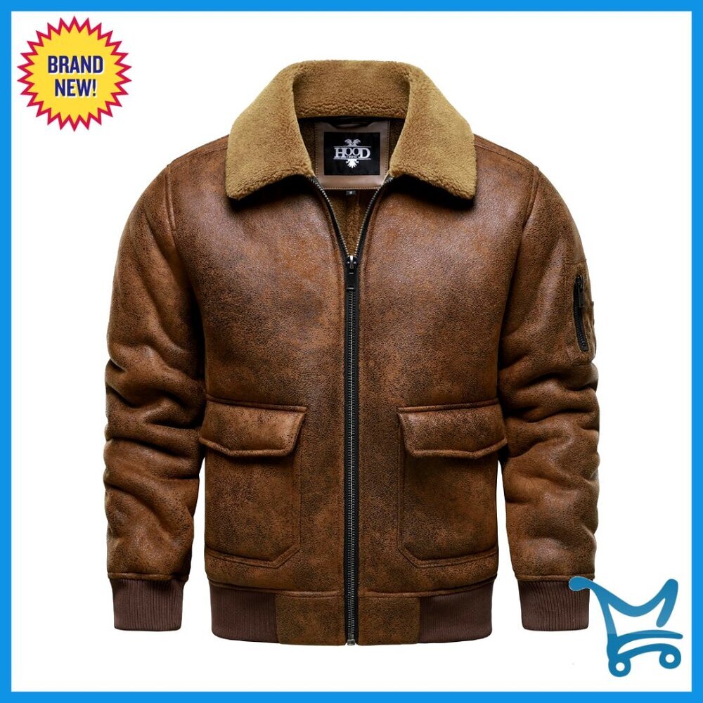 Men's Faux Leather Bomber Jacket Sherpa Fleece Lined Winter Coat Motorcycle